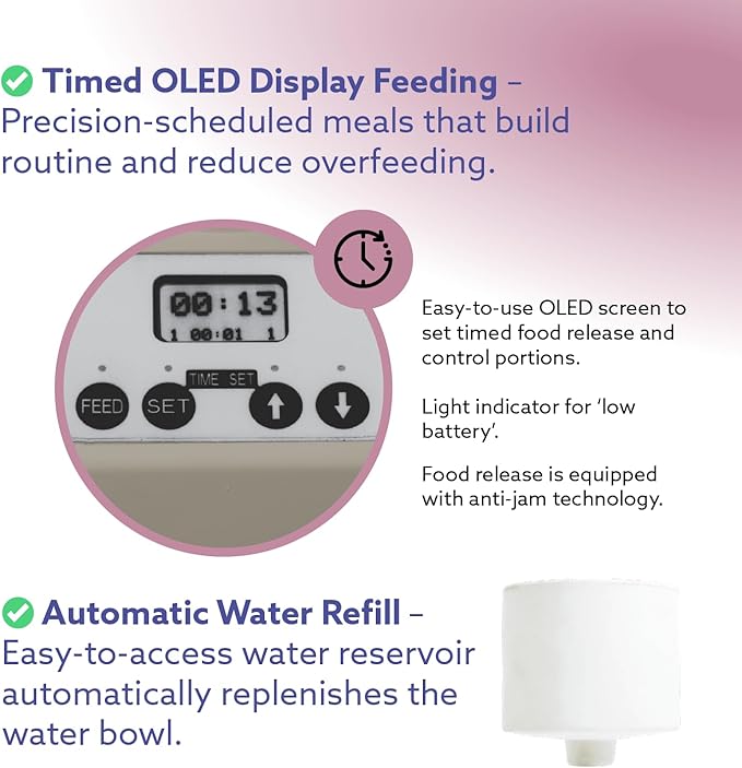 Automatic Dog & Cat Food Feeder with Water Dispenser – Smart Pet Feeder with Portion Control, OLED Display, Anti Jam Design, Battery Operated Dispenser for Small Pets - Taupe-Mewly Pet