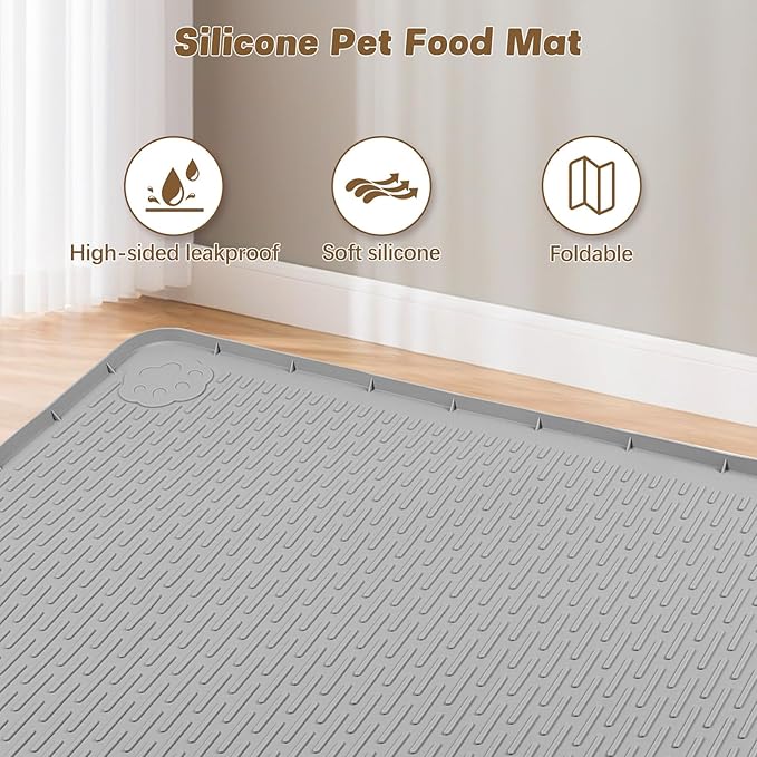 Cat Food Mat, 40" x 28" Extra Large Silicone Pet Feeding Mat with Raised Edge Pet Placemat for Food and Water Bowl Non-Slip, Easy to Clean, Floor Protection (Grey)-Mewly Pet