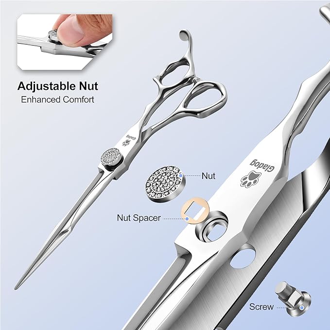 GLADOG 7" Premium 9CR Dog Grooming Scissors with Full Diamond Pivot Nut - Professional Straight Dog Scissors for Grooming, Ideal Dog Shears for Precise Trimming, Pet Grooming Scissors, Grooming Shear-Mewly Pet