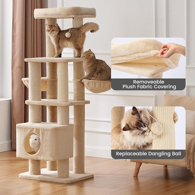 Gardner Pet 65in Heavy Duty Cat Tree Tower for Large Cats, Multi-Level Cat Furniture with Replaceable Sisal Scratching Post, Hammock | Extra-Large Platform & Condo (Upgraded Beige)-Mewly Pet