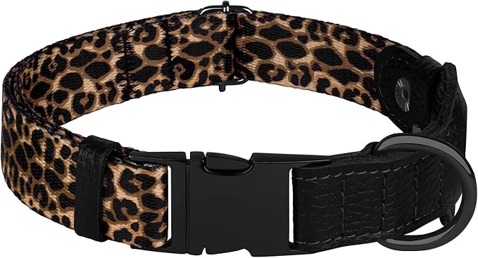 AirTag Dog Collar for Small Medium Large Breed - Adjustable Cute Pattern Dog Collar with Airtag Holder - Soft Leather Tracker GPS Apple Air Tag Pet Collars (Large, 17"-21" Neck Fit, Leopard)-Mewly Pet