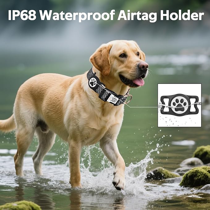 Dog Collar with Waterproof AirTag Holder & Anti-Lost QR Code, Cute Bling Warpping Adjustable Width for Small Medium Large Pet (Black, M)-Mewly Pet