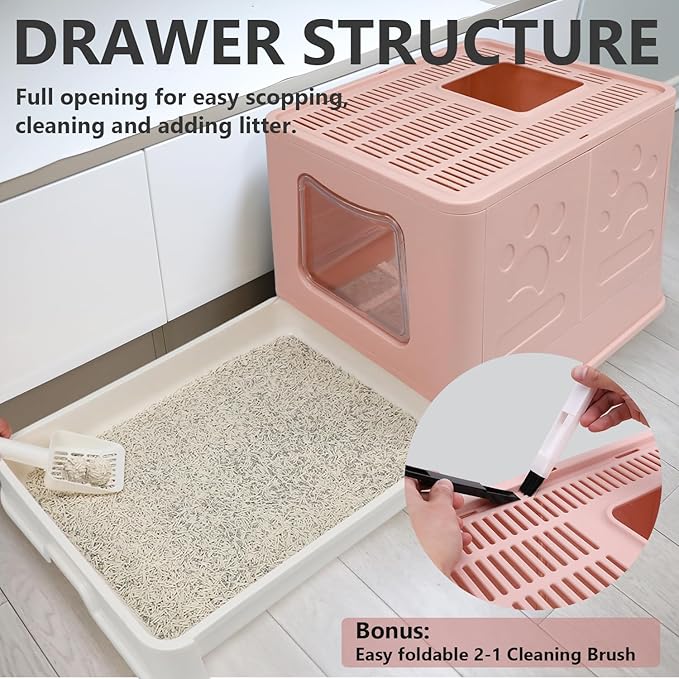 XL Foldable Cat Litter Box with Lid - Jumbo Enclosed Potty - Top Entry Anti-Splashing Toilet - Includes Scoop & 2-in-1 Cleaning Brush (Pink)-Mewly Pet