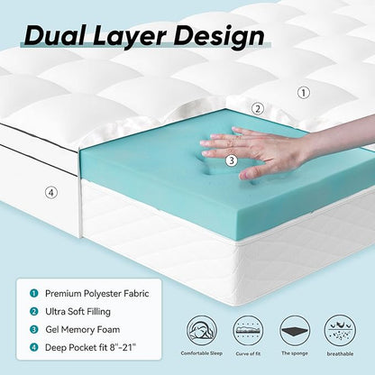 Memory Foam Mattress Topper California King Size, Dual Layer 4 Inch Mattress Pad,2 Inch Gel Memory Foam Plus 2 Inch Pillow Top Cover with 8-21 Inch Deep Pocket