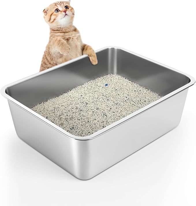 Stainless Steel Litter Box - Cat Litter Box Easy to Clean, Never Absorbs Odor, Stains, or Rusts - Silver (17.7" L x 13.5" W x 6" H)-Mewly Pet