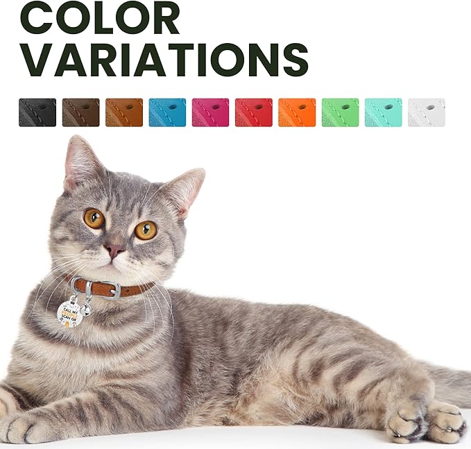 BRONZEDOG Leather Cat Collar with Removable Bells Non Breakaway Kitten QR Tag for Girl Boy (7" - 9" for Cats, Light Brown & Silver)-Mewly Pet