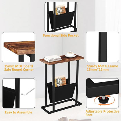 Yusong Narrow Side Table for Small Spaces, Small End Table Set of 2 with Magazine Holder, Skinny Slim Little Thin Table for Living Room, Bedroom, Sofa, Rustic Brown