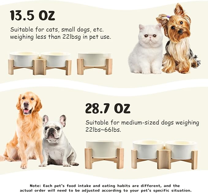 SPUNKYJUNKY 15° Slanted Ceramic Dog and Cat Bowl with Wooden Stand, Tilted Bulldog Food and Water Bowl No Slip Non-Spill for Cats Medium Dogs Big Face Pets 13.5 OZ (1.7 Cups, Beige × 2)-Mewly Pet