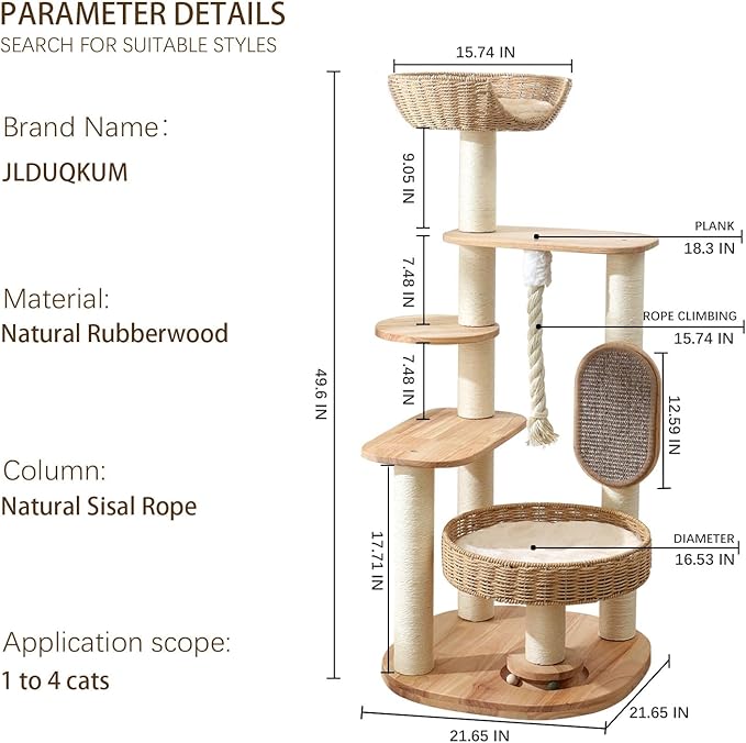 Wooden Cat Tree for Large Cat, 49.6-Inch Tall Cat Tower with Scratching Post for Indoor Cats, Multi-Level Cat Condo with Hand-Woven Cat Bed and Scratching Board Easy to Clean-Mewly Pet
