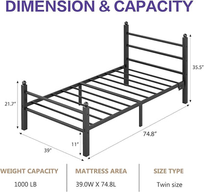 Twin Bed Frame with Headboard and Footboard, Metal Bed Frame with Charging Station and LED Lights, Under Bed Storage, No Box Spring Needed,Noise Free, Black