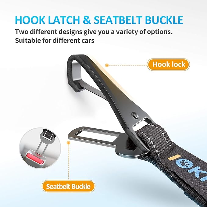 Dog Seat Belt 3-in-1 Car Harness for Dogs Adjustable Safety Seatbelt for Car Nylon Reflective Bungee Fabric Dog Car Harness with Clip Hook Latch & Buckle, Swivel Zinc Alloy Carabiner (Black)-Mewly Pet