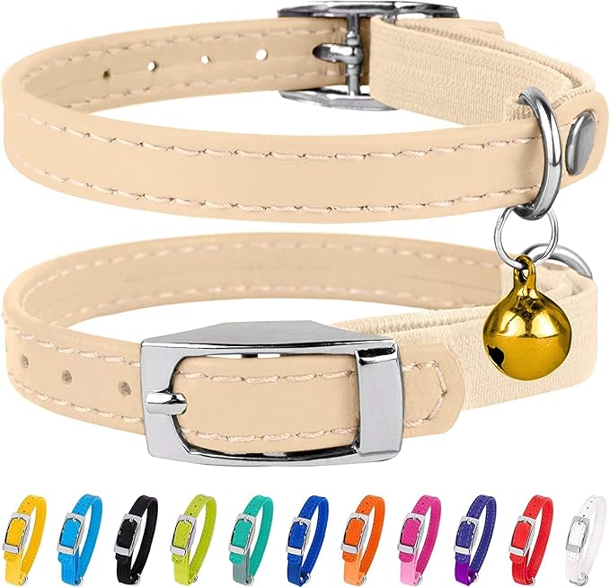 CollarDirect Leather Cat Collar, Kitten Collar with Removable Bell Black Blue Red Orange Lime Green (6-7 Inch, Beige)-Mewly Pet