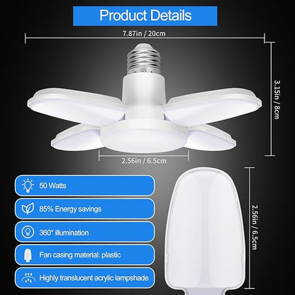 4Pack LED Garage Light Bulb, Mini 50W LED Garage Ceiling Lights 4+1 Adjustable Panels,5000Lumen Garage LED Light Bulb,E26 6500K Daylight LED Shop Lights for Garage,Kitchen,Living Room,Attic Light