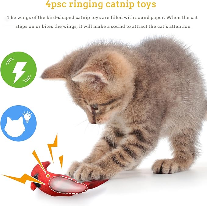 Dorakitten Cat Catnip Toys Interactive Cats 4pcs Kitten Plush Nip Chew Bird Toy with Crinkle Paper Pet Best Treats Stuffed Pillow Cute Teething Play Gifts Soft Kick Sound Supplies for Indoor Kitty-Mewly Pet