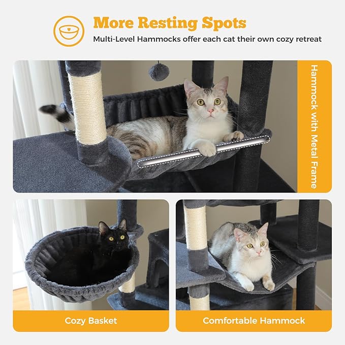 81" Heavy Duty Cat Tree for Large Cats up to 20lbs - Extra Tall Cat Tower with Metal Frame Hammock, 6 Sisal Scratching Posts, 2 Perches - Indoor Cat Furniture for Maine Coon, Dark Gray-Mewly Pet