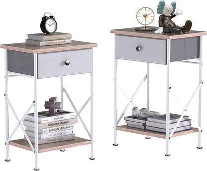 VECELO Nightstand with Drawer, Set of 2, Small Bedside Table with Storage and Adjustable Metal Legs, Wood End Table for Bedroom or Living Room, Perfect for Small Spaces and Modern Décor, Light Brown