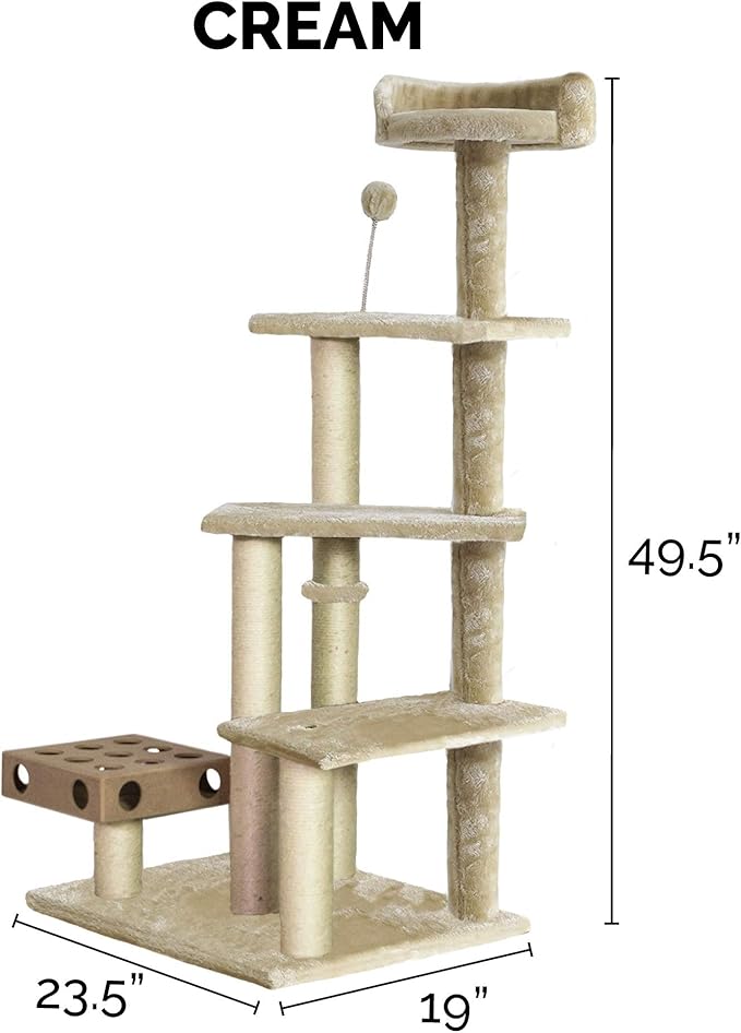 Furhaven 49.5" Tall Cat Tree for Indoor Cats, Ft. Sisal Scratching Posts, Plush Ball Toy, & Busy Box Toy - Tiger Tough Play Stairs Interactive Playground Tower - Cream, One Size-Mewly Pet