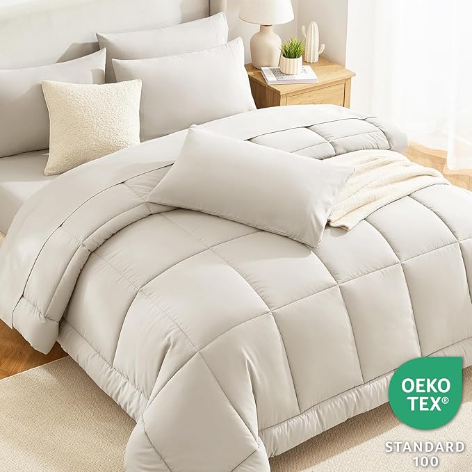 CozyLux Twin XL Comforter Set Beige, 5 Pieces Twin Extra Long Bed in a Bag for College Dorm, All Season Bedding Set with Stitch Quilted Comforter, Flat Sheet, Fitted Sheet, Pillowcases