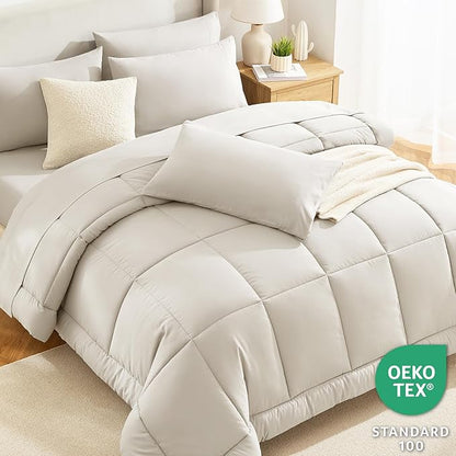 CozyLux California King Comforter Sets Beige, 7 Pieces Cal King Bed in a Bag, All Season Bedding Sets with Stitch Quilted Comforter, Flat Sheet, Fitted Sheet, Pillowcases
