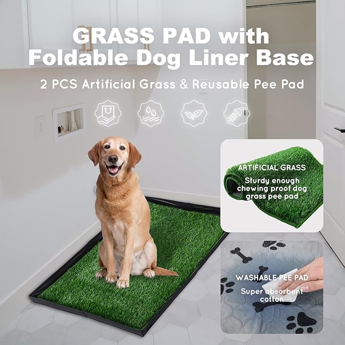 Dog Grass Pad with Foldable Dog Litter Box,Small Liner Base for Balcony，Ultra-Absorbent Artificial Grass Pads for Dogs Pee Pad Holder, Potty Training, 2 PCS Reusable Pee Pads-Mewly Pet