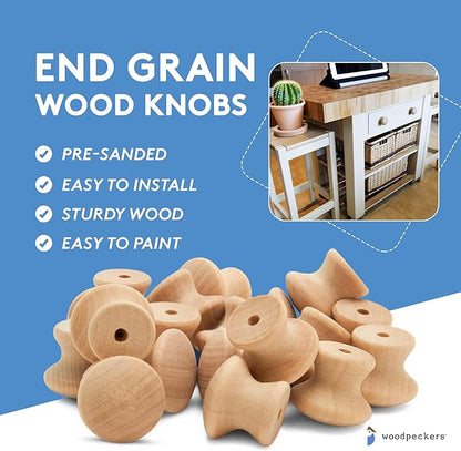 Woodpeckers End Grain Wood Knobs, 1 Inch, Pack of 25 Unfinished Small Wooden Knobs for Cabinets, Dressers, Drawer Pulls, Furniture Replacement, and Crafts