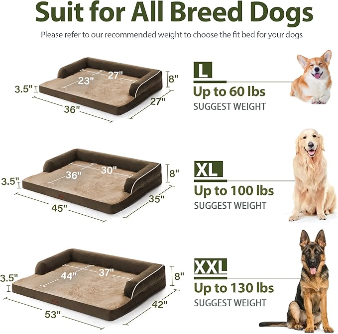 XXL Dog Bed with Bolsters, Waterproof Orthopedic Dogs Beds for Extra Large Dogs, Memory Foam XLarge Dog Beds with Removable Washable Cover, Nonskid Bottom (XX-Large,Brown)-Mewly Pet