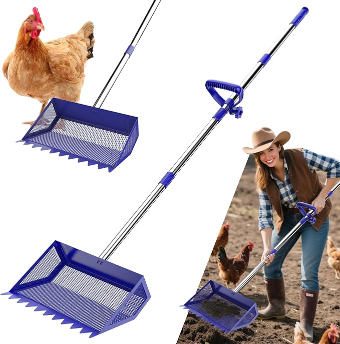 Chicken Poop Scooper & Rake 2-in-1, 304 Stainless Steel Shovel Head, Chicken Litter Scoop with Handle for Chicken Coop & Pet Waste Cleaning, Litter Sifting Shovel (35 to 65") US Patent Pending-Mewly Pet