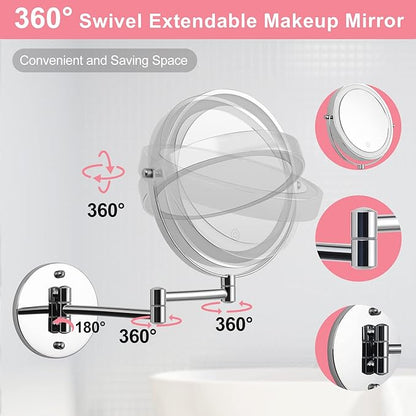 Wall Mounted Makeup Vanity Mirror with Lights, 8” Double Sided 1X/10X Wall Mount Magnifying Bathroom Shaving Mirror with 3 Color Lights, Rechargeable Touch Dimmable Extendable Cosmetic