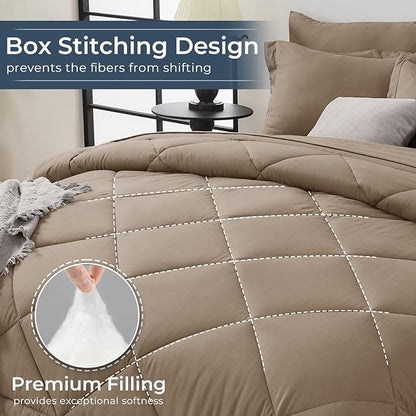 HEVUMYI Khaki Queen Comforter Set - 7-Piece All Season Bed in a Bag Queen, Ultra Soft Bedding Set with Comforter, Flat Sheet, Fitted Sheet, Pillowcases, Pillow Shams