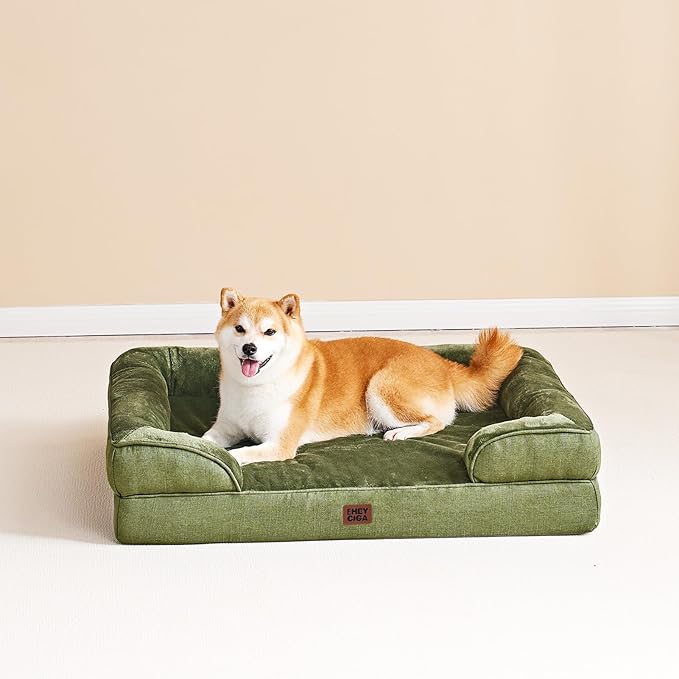 EHEYCIGA Orthopedic Dog Beds Large Sized Dog, Waterproof Memory Foam Pet Bed with Sides, Non-Slip Bottom Large Pet Bed with Washable Removable Cover, Olive Green-Mewly Pet