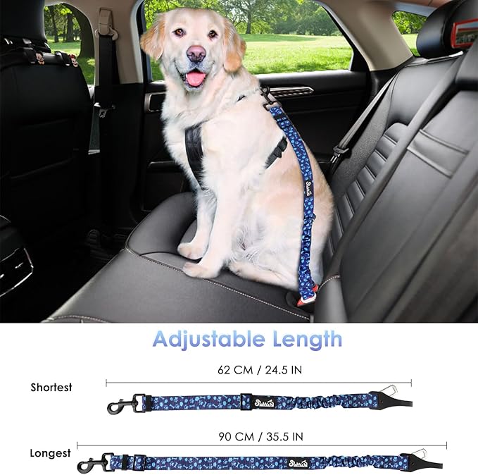 SlowTon Dog Seat Belt, Adjustable Dog Safety Belt Leash, 2 in 1 Latch Bar Attachment Dogs Car Seatbelt with Elastic Nylon Bungee Buffer, Reflective Nylon Belt Tether (BL,35.5in)-Mewly Pet