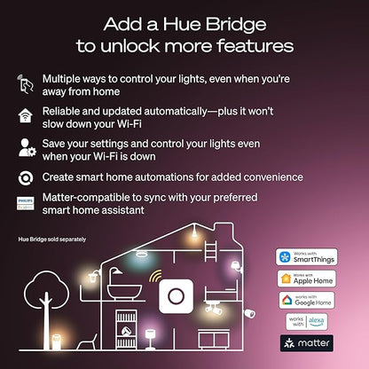 Philips Hue Smart LED A19 Bulb, White & Color Ambiance, E26 Base, 7.2W, Full Spectrum Light 1000K-20000K, 810 Lumens, Dimmable, Works with Alexa, Google,& Apple Home, 4pk