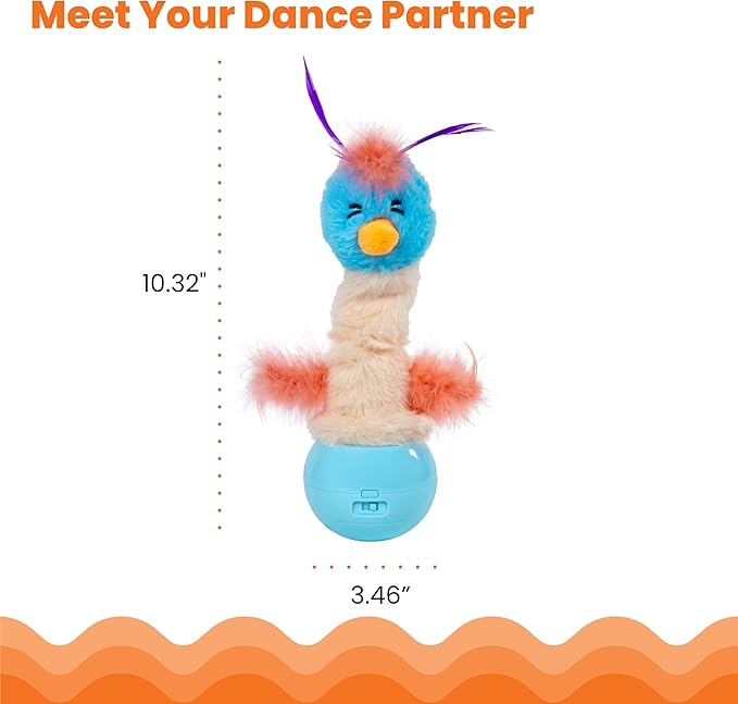 Catstages Electronic Dancing Ostrich Interactive Cat Toy, Wobbles and Plays Music, Battery Powered, Plush, Blue-Mewly Pet