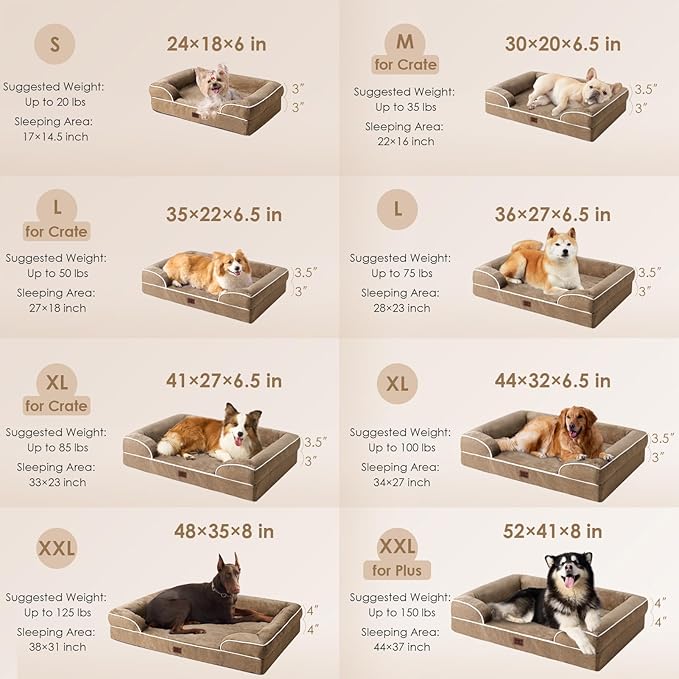 EHEYCIGA Orthopedic Dog Beds for Large Dogs, Waterproof Memory Foam Large Pet Bed with Sides, Non-Slip Bottom and Egg-Crate Foam Dog Couch Bed with Washable Removable Cover, Camel-Mewly Pet