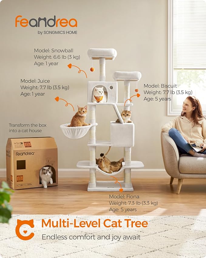 Feandrea Cat Tree, 66.1-Inch Large Cat Tower with 13 Scratching Posts, 2 Perches, 2 Caves, Basket, Hammock, Pompoms, Multi-Level Plush Cat Condo for Indoor Cats, Cream White UPCT165T01-Mewly Pet