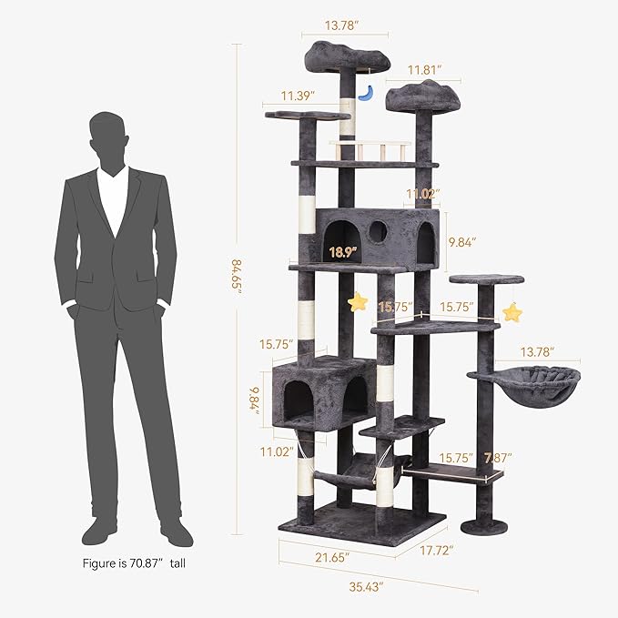 85in Giant Cat Tree for Heavy Duty Big Cats, Large Cat Trees with Scratching Post, Cat Tree Tower with Cat Condos, Hammock & Plush Perch for Maine Coon, Smoky Gray-Mewly Pet