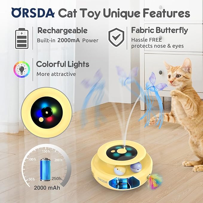 ORSDA Cat Toy, 3-in-1 Automatic Interactive Electronic Moving Ambush Feather, Fluttering Butterfly, Track Balls, USB Rechargeable Powered Smart Indoor Exercise Kicker-Mewly Pet