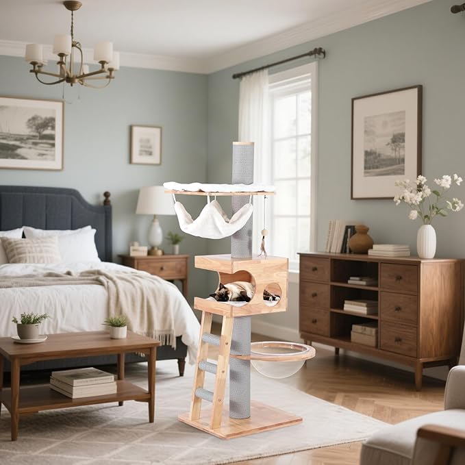 63-inch Modern Cat Tree, Luxury Cat Tower with Scratching Post, Unique Cat Condo with Hammock, Heavy Duty Kitty Climbing Tree for Indoor Cat, Wooden Kitty House for Small Medium Large Cats-Mewly Pet