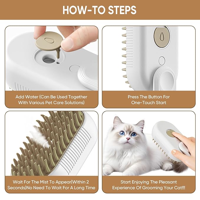 4-in-1 Cat Steam Brush for shedding – Self-Cleaning Comb for Long and Short Hair Cats and Dogs, Steam Pet Brush for Hair Removal, Vibrating Message, Grooming & Relaxation (White)-Mewly Pet
