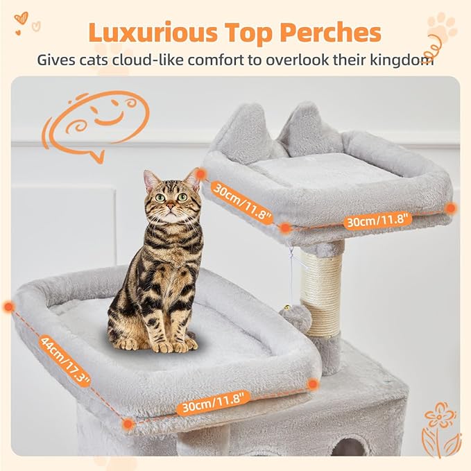 Taoqimiao Cat Tree 57.5-Inch, Cat Tower for Indoor Cats Large Adult, Extra Large Cat Condo, 8 Sisal Scratching Posts, Metal Frame Cozy Hammock, Durable Scratch Board, 2 Top Perches, Light Gray MS026W-Mewly Pet