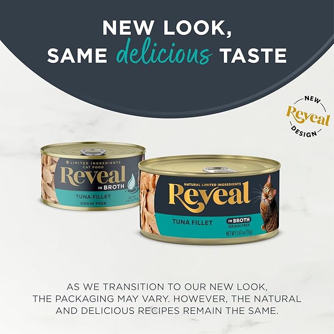 Reveal Natural Wet Cat Food, 24 Count, Grain Free, Limited Ingredient Canned Food for Cats, Tuna Fillet in Broth, 2.47 oz Cans-Mewly Pet