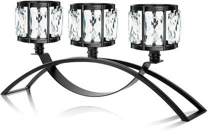 Black 3-Arm Crystal Candle Holders Arched - Elegant Tabletop Candelabra Centerpiece for Weddings, Dining Room Decor, Modern Home & Cabinet Display Housewarming
