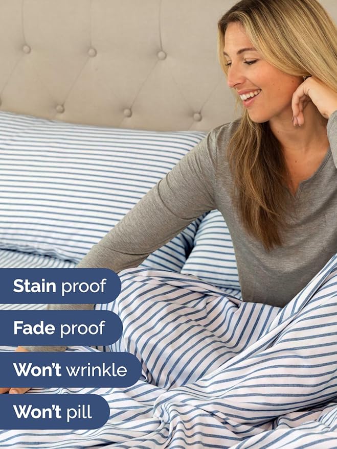 Extra Deep Twin XL Sheet Set - 4 Piece Breathable and Cooling Sheets - Hotel Luxury Bed Sheets Set - Easy Fit - Soft, Wrinkle Free and Comfy Sheets Set - Blue Striped Sheet Set with Extra Deep Pockets