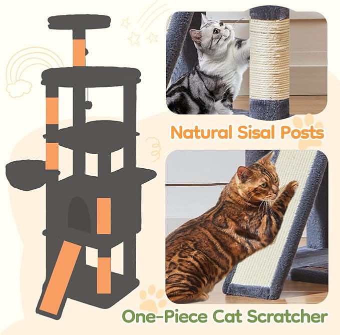 Taoqimiao 72 Inches Cat Tree for Large Cats, Multi-Level Tall Cat Tower, Widened Cat Condo with Large Scratch Board, 5 Scratching Posts, Metal Hammcock, Cozy Basket, Smoky Gray, MS045G-Mewly Pet