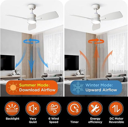TALOYA Ceiling Fan with Lights Remote Control, 42 inch, Reversible Quiet DC Motor, 3 Dual-Faced Blades Modern Ceiling Fans for Bedroom Patio Indoor Covered Outdoor White