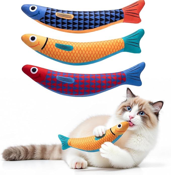 Interactive Cat Toys with[5000mg Premium A+Catnip][Baby Grade] Soft Chew Kicker Cat Toys for Indoor Cats & Kittens, Crinkle &Rattle Fish Sound Toy, Drives Bored Cats Crazy with Fun,3 Pack-Mewly Pet