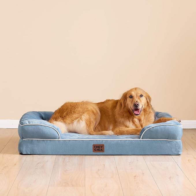 EHEYCIGA Orthopedic Dog Beds for Extra Large Dogs, Waterproof Memory Foam XL Dog Bed with Sides, Non-Slip Bottom and Egg-Crate Foam Big Pet Bed with Washable Removable Cover, Washed Blue-Mewly Pet