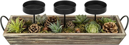 MyGift Solid Torched Wood Candlescape Display Tray Set with Metal Pillar Candle Holder and Decorative Fake Succulent Plants and Pine Cones - Holds 3 Candles