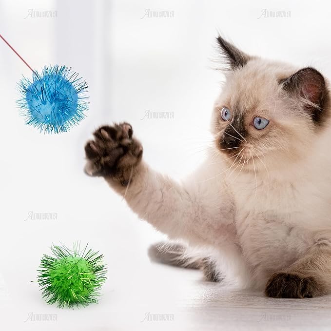 AUEAR, 20 Pack Sparkle Balls 1.5 Inches Tinsel Poms for Cats Pets Assorted Colors-Mewly Pet