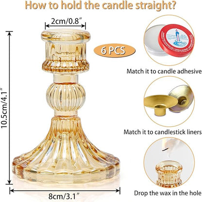 Taper Candle Holder Set of 6, Gold Candle Holder & Vintage Candlestick Holder, Glass Candlestick Holder for Table Centerpieces, Fall, Christmas, Autumn, Thanksgiving Decor